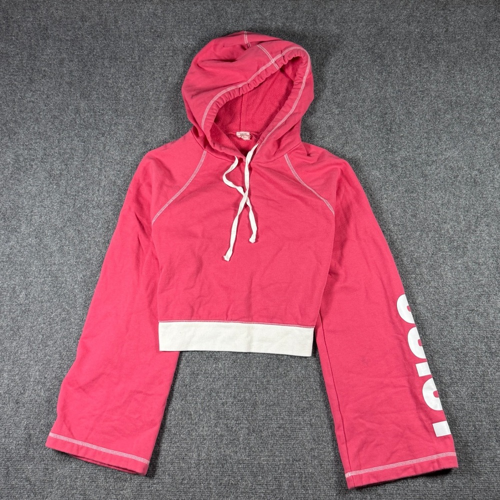 Y2K Juicy Couture Pink Cropped Hoodie Graphic Sweatshirt Bell Sleeve Large *READ
